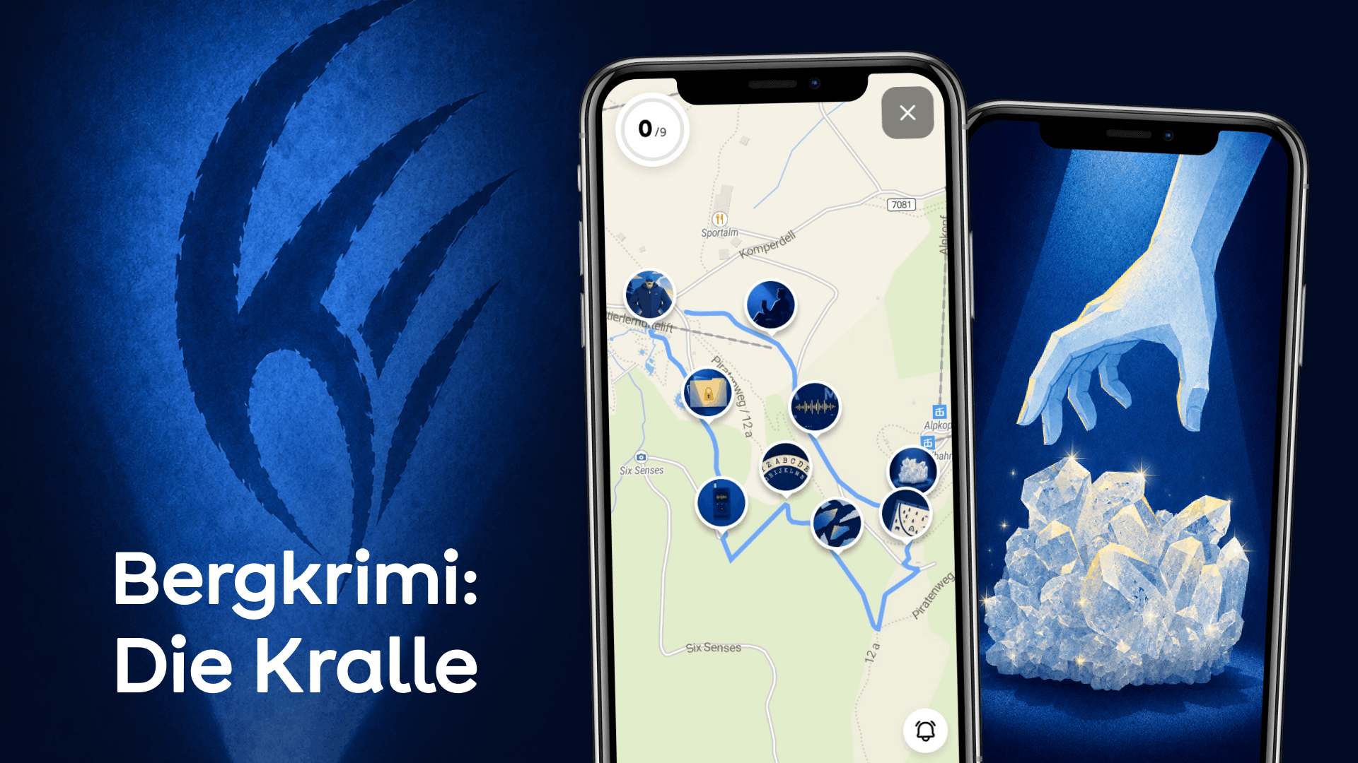 Bergkrimi Die Kralle mit digitaler Karte und Bergkristall