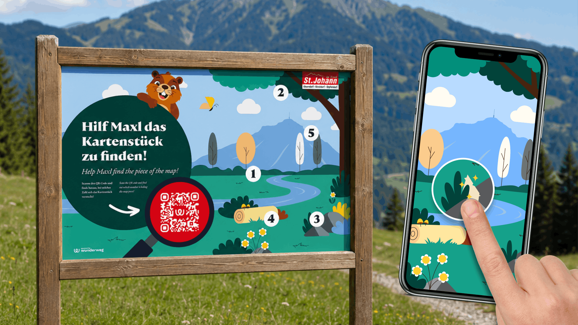 Station von Maxls Schatzsuche in der Bergwelt von St. Johann in Tirol